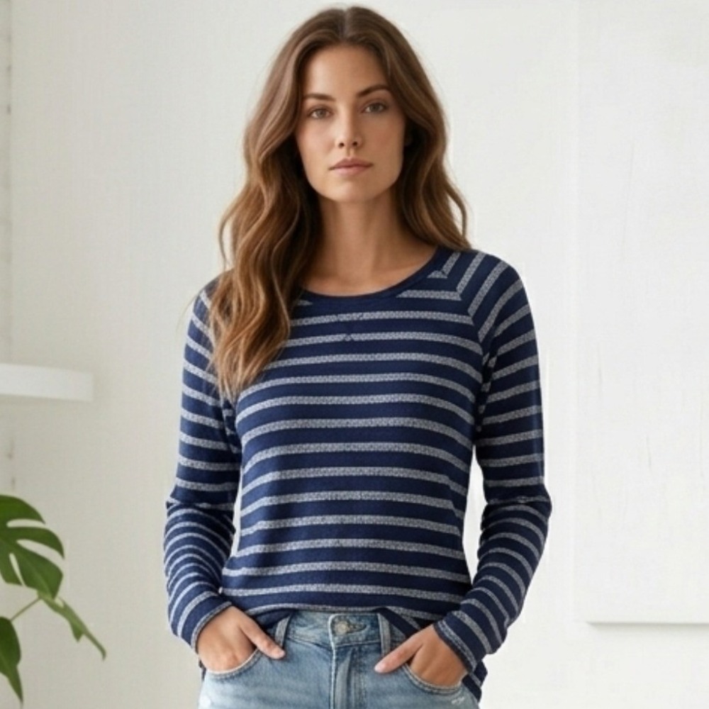 Sonoma Waffle Knit Thermal Top Womens XL Blue Metallic Stripe Long Sleeve Cozy